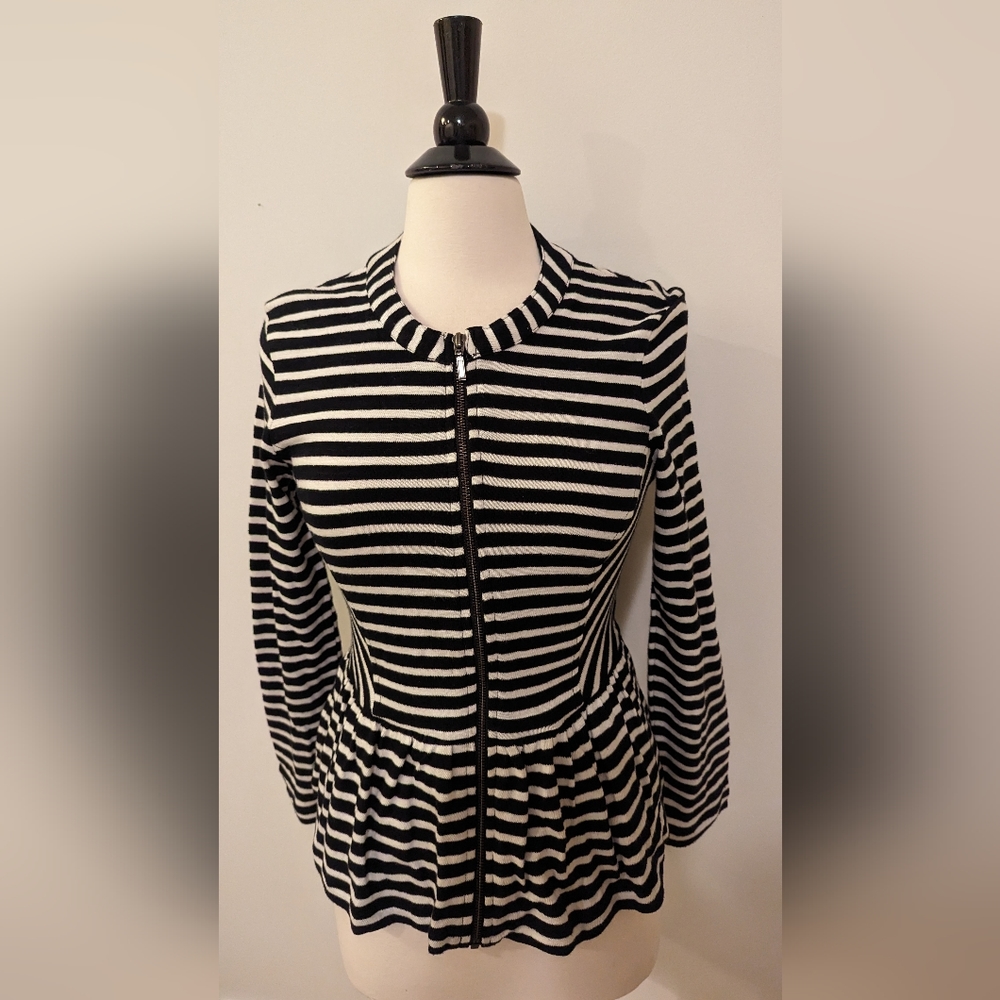 Caslon Black and White Striped Peplum Zippered Jacket with Pockets Sz petite S